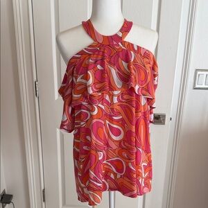 Michael Kors Pink and Orange Patterned cold shoulder top.